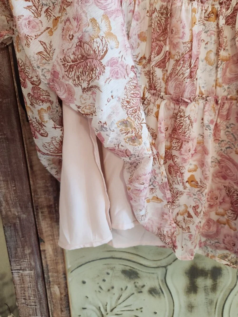 Fleastyle Tiered Sheer Floral Ruffled Bell Sleeves Mini Dress | XL